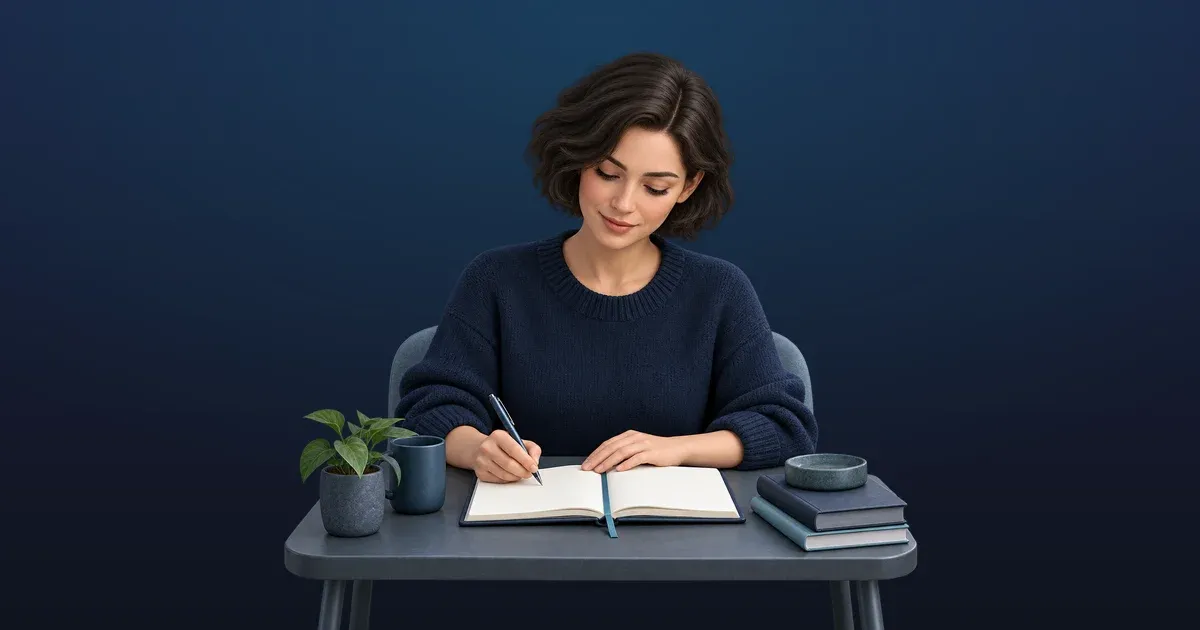 Illustration of a woman in a navy sweater writing in an open paper diary at a small desk
