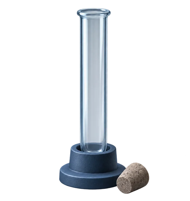 An empty glass test tube in a stand