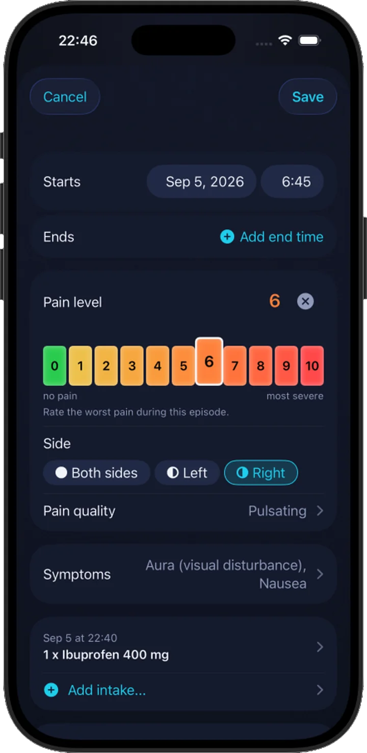 The episode form in Migrania: start time, a colour pain scale set to 6, side chips, pain quality, symptoms and a logged Ibuprofen intake.